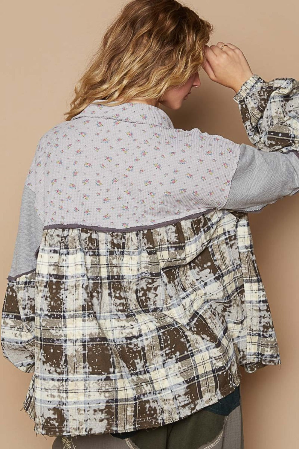 POL Balloon Sleeve Floral Color Block Plaid Shirt - NeoKira Unlimited