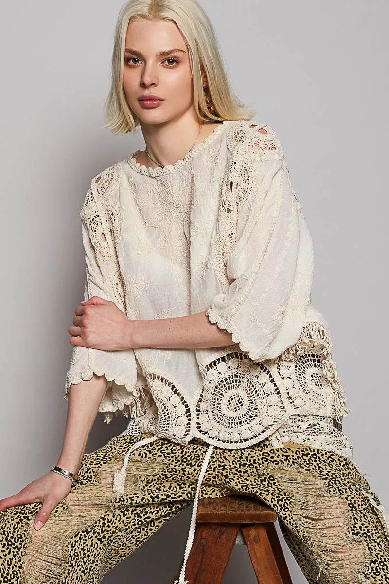 POL Round Neck Crochet Top with Floral Embroidery Detail Boho Chic - NeoKira Unlimited