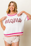 BiBi MAMA Contrast Trim Short Sleeve Sweater Sweater Trendsi FuchsiaMulti S 