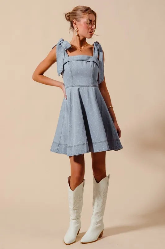 SO ME A Line Fit and Flare Diamond Bow Ribbon Denim Dres - NeoKira Unlimited