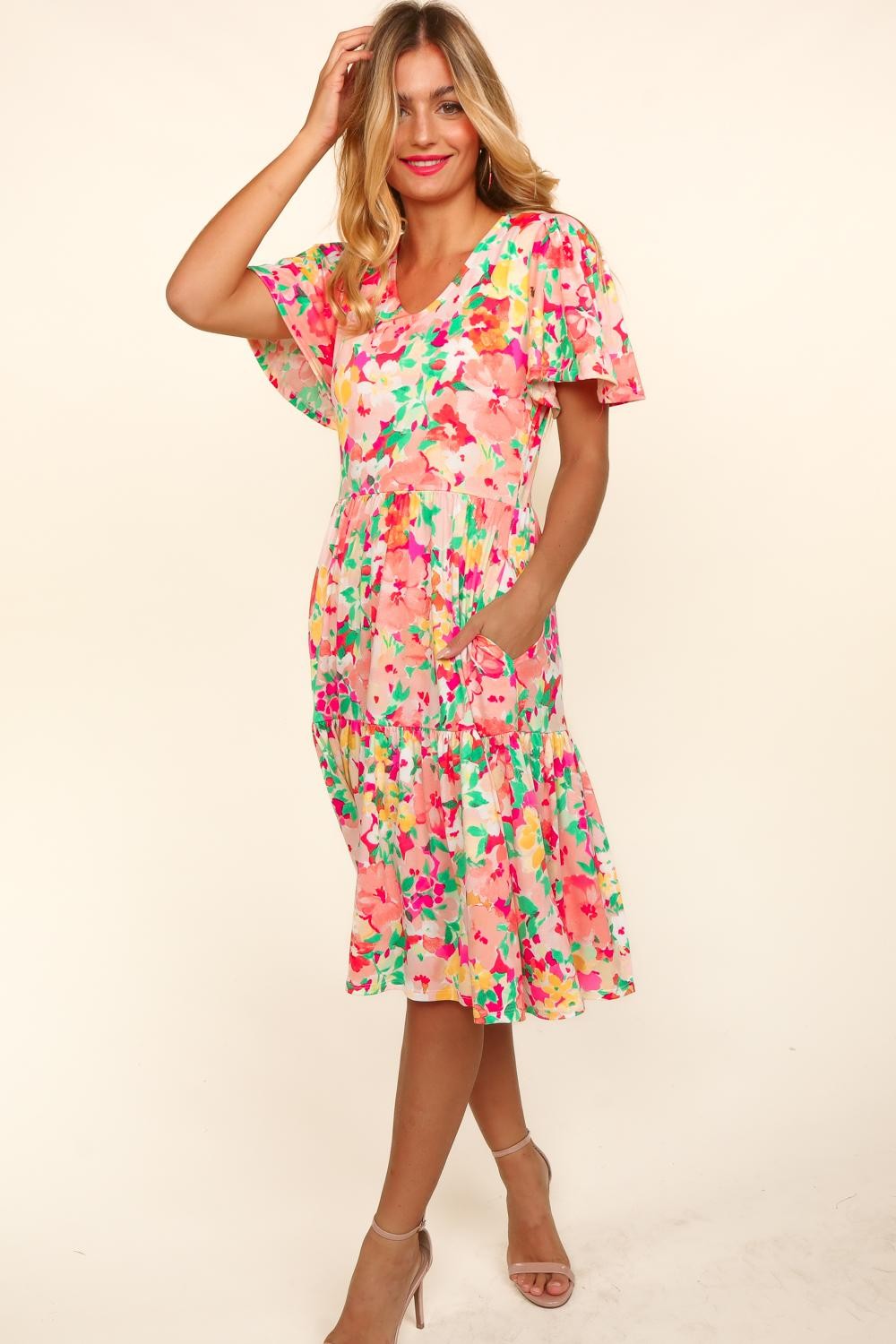 Haptics Tiered Floral Midi Dress with Pockets Midi Dress Trendsi   