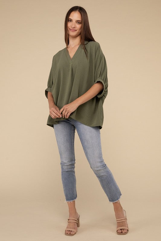 Woven Airflow V-Neck Puff Half Sleeve Top Top ZENANA   