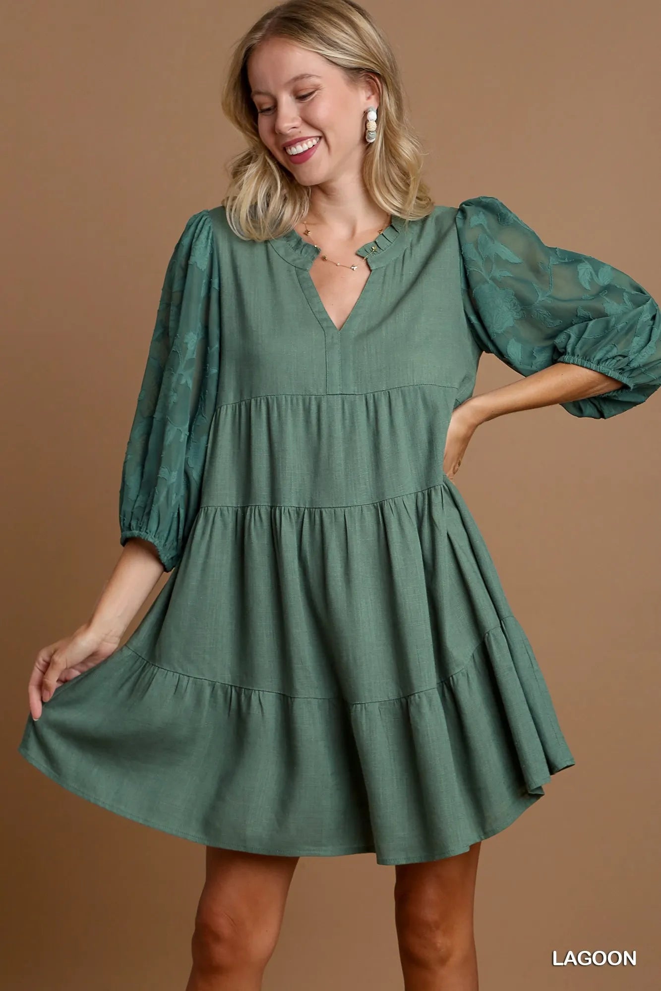 Umgee Floral Contrast Sleeve Tiered Dress – Boho Chic Statement - NeoKira Unlimited