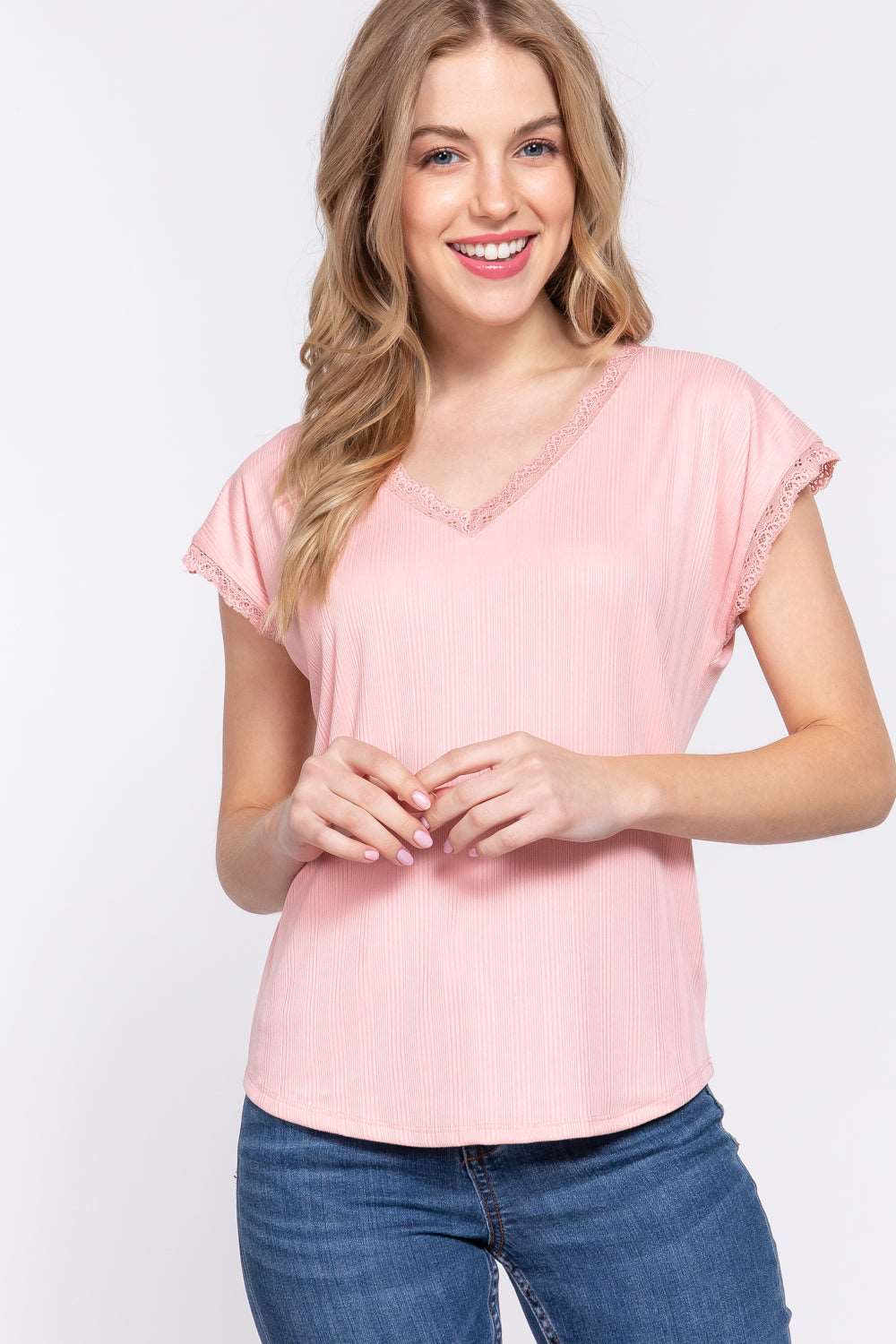 ACTIVE BASIC Lace Trim V-Neck Short Sleeve Ribbed Top - NeoKira Unlimited