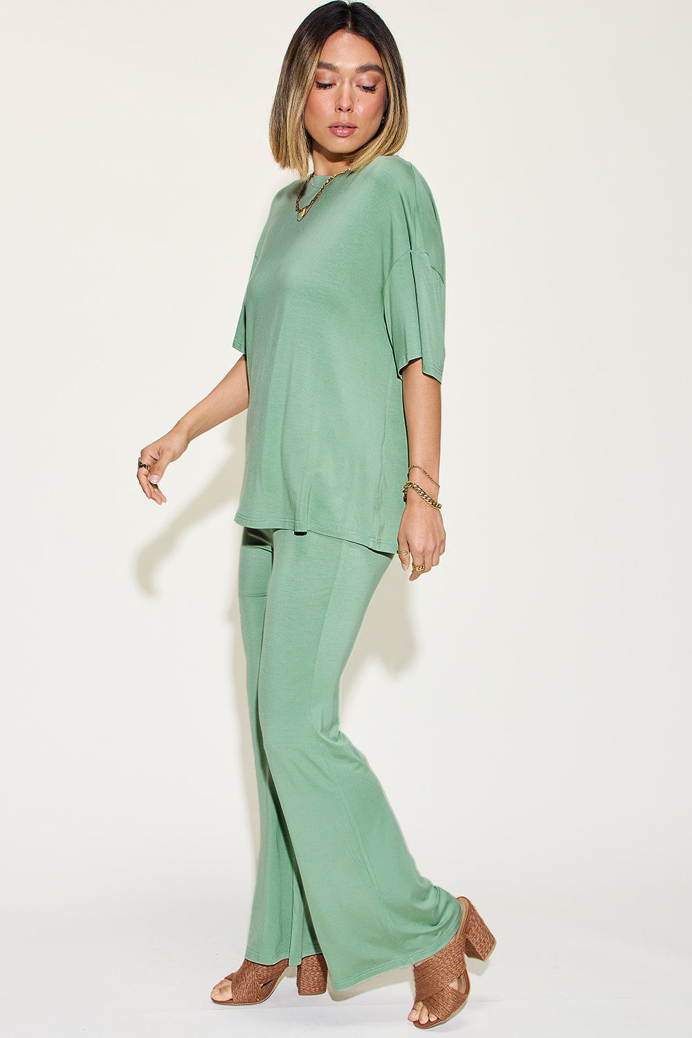Basic Bae Full Size Bamboo Drop Shoulder T-Shirt and Flare Pants Set - NeoKira Unlimited