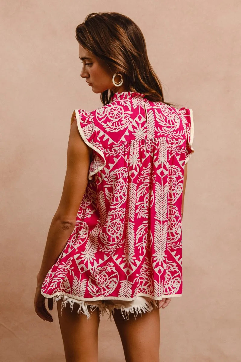 BiBi Pink Paisley Ruffle Cap Sleeve Smocked Neck Blouse - NeoKira Unlimited