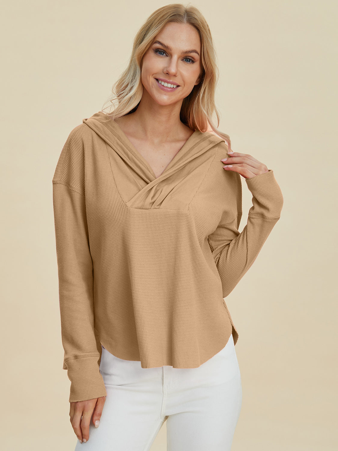 Double Take Full Size High-Low Dropped Shoulder Long Sleeve Hoodie - NeoKira Unlimited