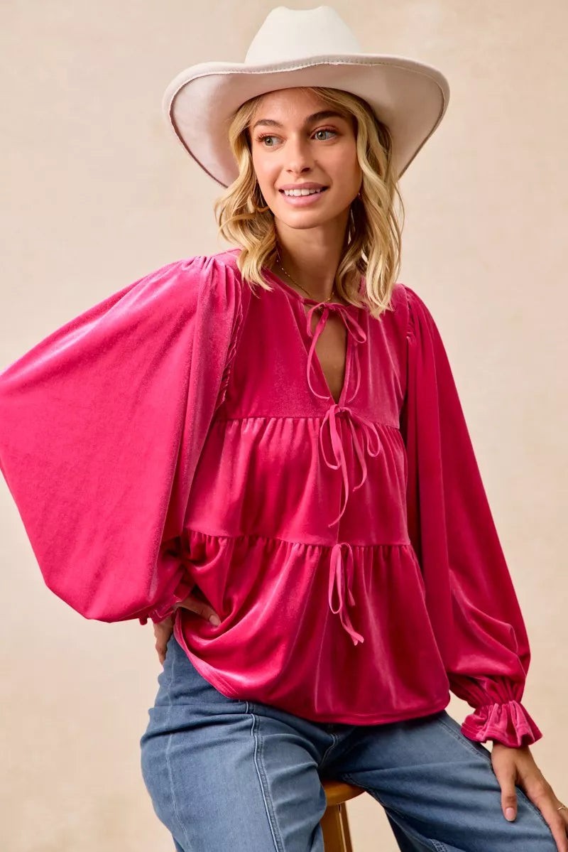 BiBi Velvet Bow Tied Blouse Boho Chic Winter Style - NeoKira Unlimited