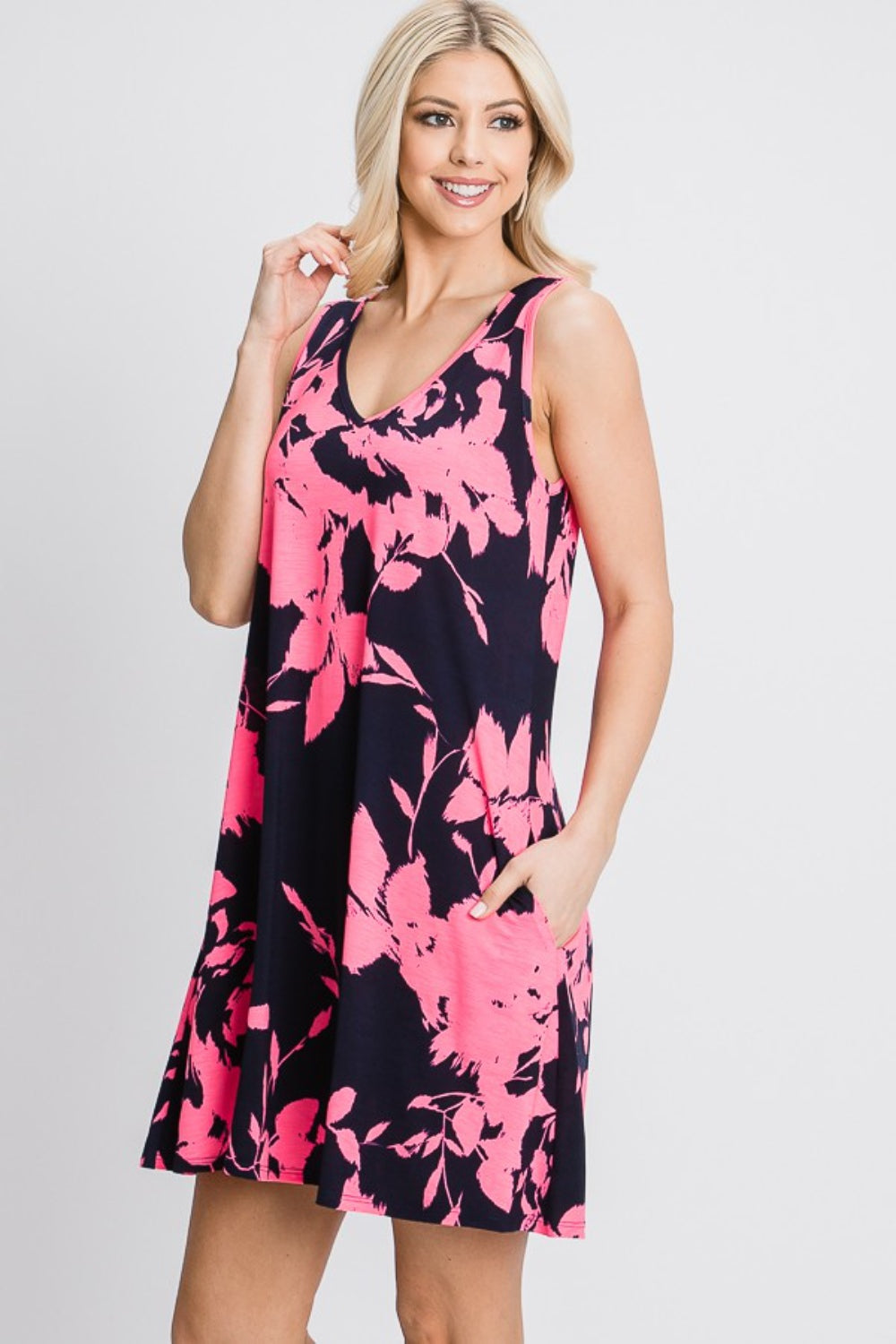 Heimish Full Size Floral V-Neck Tank Dress with Pockets Mini Dress Trendsi   