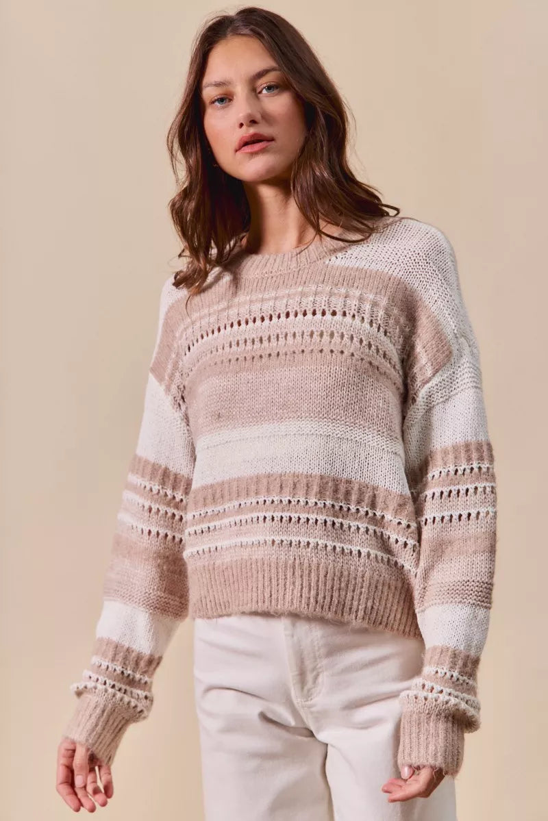 SO ME Variegated Stripe Textured Sweater Boho Cozy Style - NeoKira Unlimited