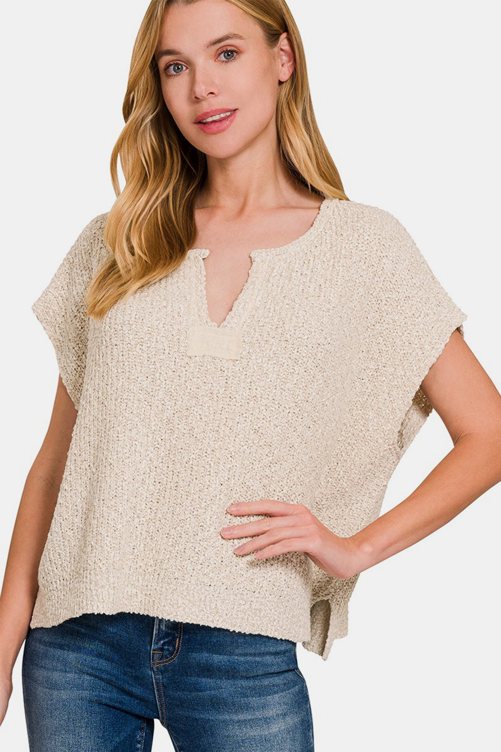 Zenana Short Sleeve Side Slit Sweater Sweater Trendsi Sand Beige S/M 