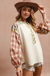 BiBi Floral Notched Plaid Balloon Sleeve Top - NeoKira Unlimited