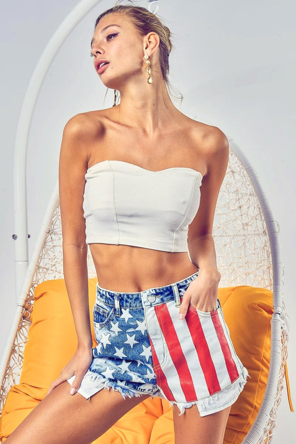 BiBi US Flag Theme Bleached Denim Shorts Denim Shorts Trendsi   