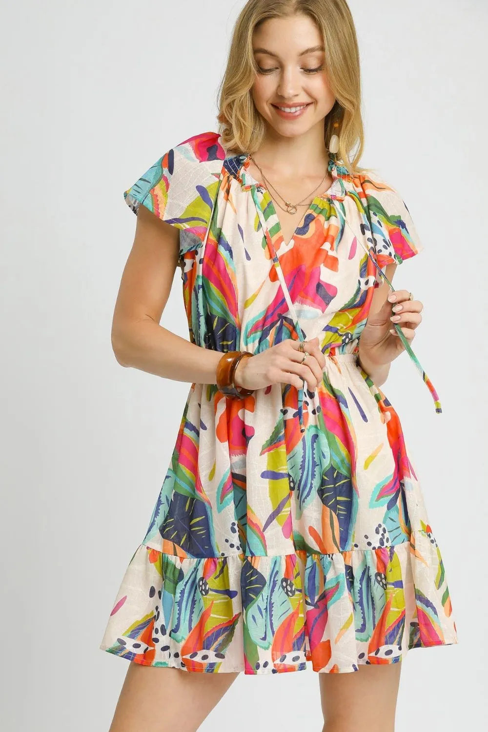 Umgee Tropical Print Smocked Mini Dress Tie Neck and Flutter Sleeves - NeoKira Unlimited