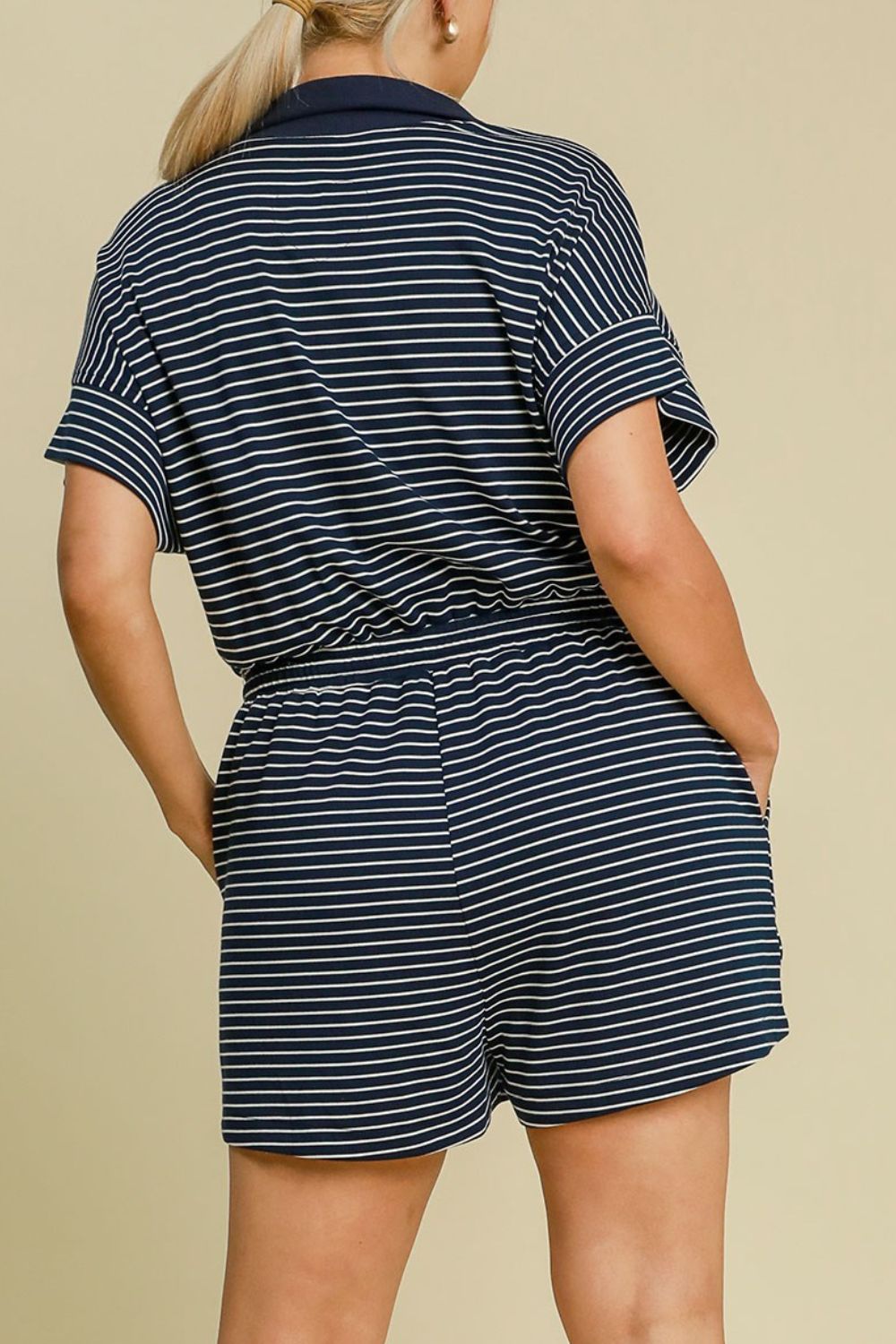 Umgee Full Size Half Zip Striped Romper Plus Size - NeoKira Unlimited