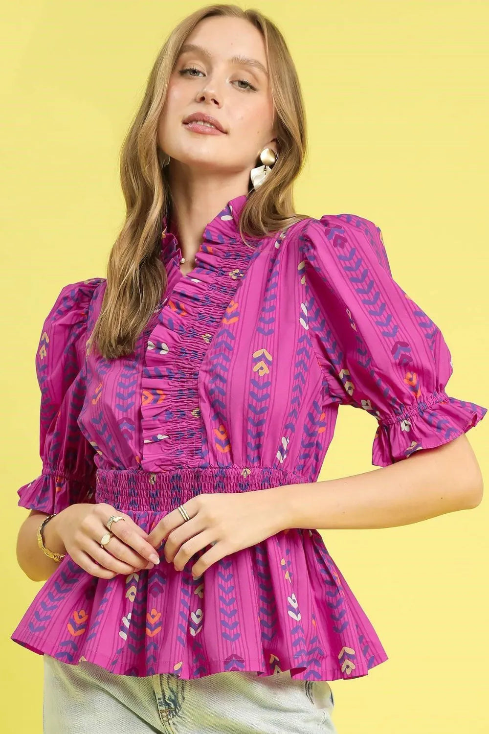 Umgee Printed Half Sleeve Peplum Blouse - NeoKira Unlimited