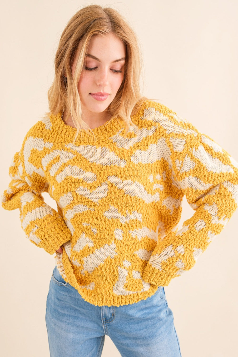 And The Why Full Size Textured Pattern Contrast Sweater - NeoKira Unlimited