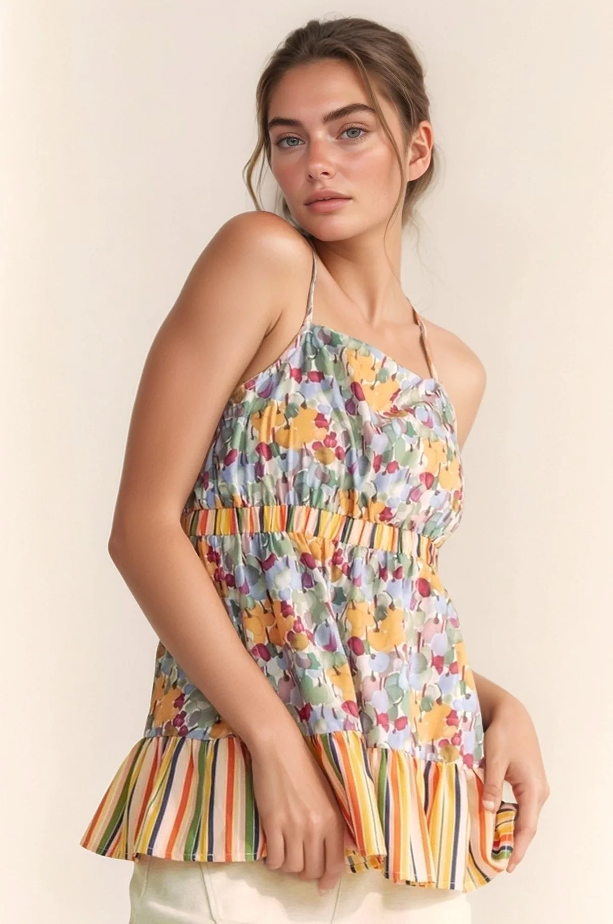 Davi & Dani Floral Smocked Sleeveless Ruffle Back Tie Top - NeoKira Unlimited