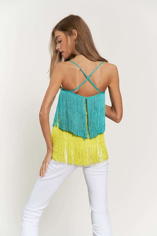 Davi & Dani Fringe Overlay Cross Straps Party Cami Top Top Davi & Dani   