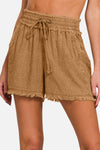 Zenana Washed Linen Frayed Hem Drawstring Shorts Drawstring Shorts Trendsi   