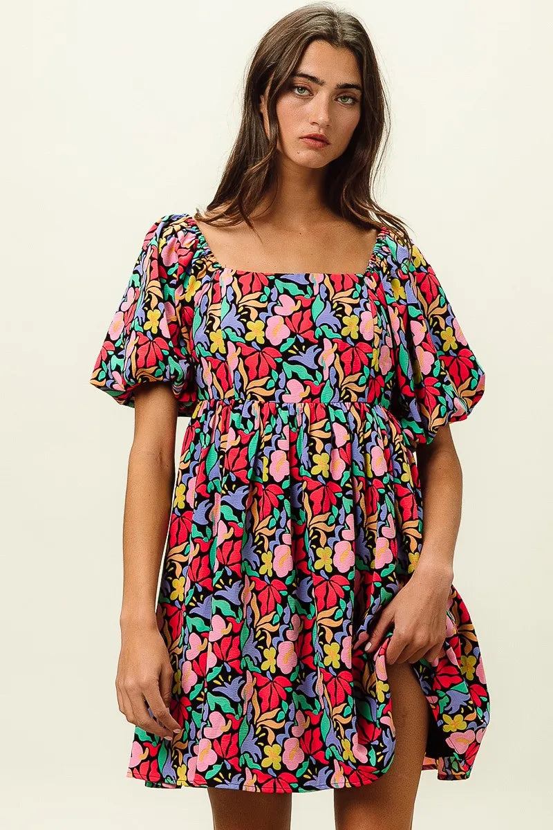 BiBi Tropical Boho Floral Print Puff Sleeve Square Neck Dress - NeoKira Unlimited