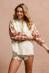 BiBi Floral Notched Plaid Balloon Sleeve Top - NeoKira Unlimited