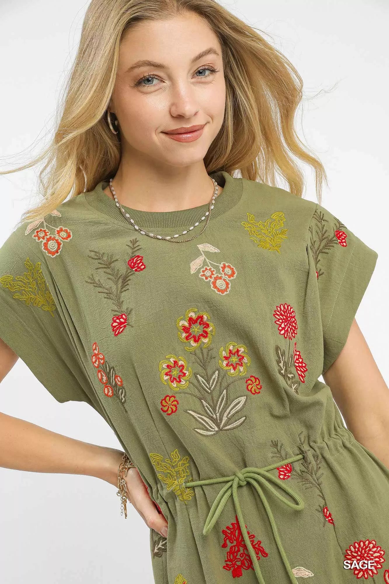Umgee Embroidered Floral Mini Dress with Waist Tie - NeoKira Unlimited