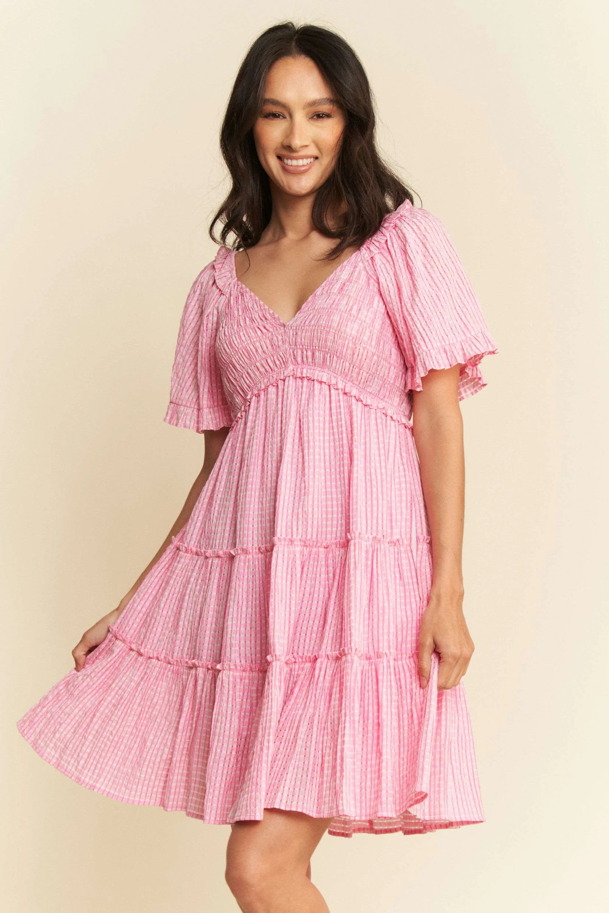 Davi & Dani Romantic Cottagecore Checker Jacquard Smocked Tiered Midi Dress - NeoKira Unlimited