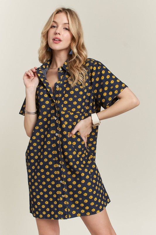 ADORA Floral Button-Up Mini Denim Dress - NeoKira Unlimited