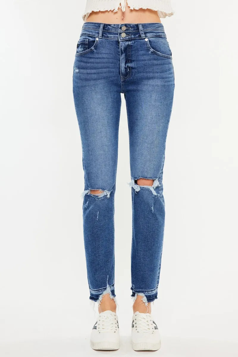 Kancan High Rise Distressed Slim Straight Jeans - NeoKira Unlimited