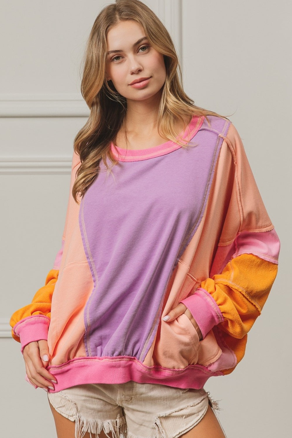 BiBi Color Block Exposed Seam Sweatshirt with Pockets Sweatshirt Trendsi Lavender/Peach/Fuchsia S 