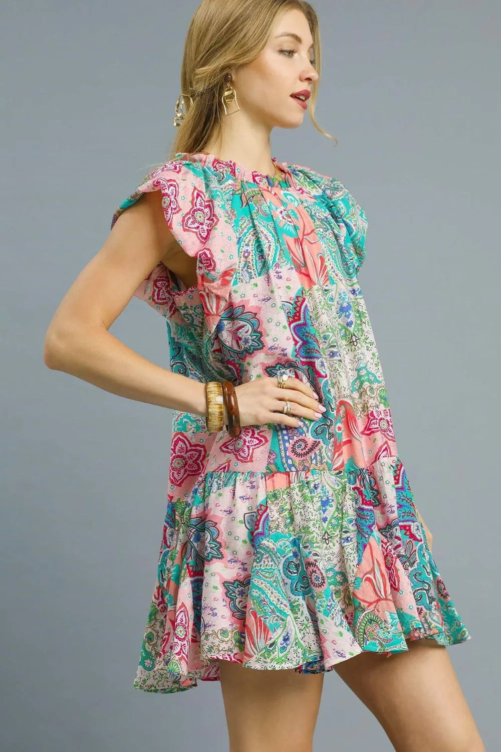 Umgee Boho Paisley Print Mini Dress – Turquoise Pink Floral Charm - NeoKira Unlimited