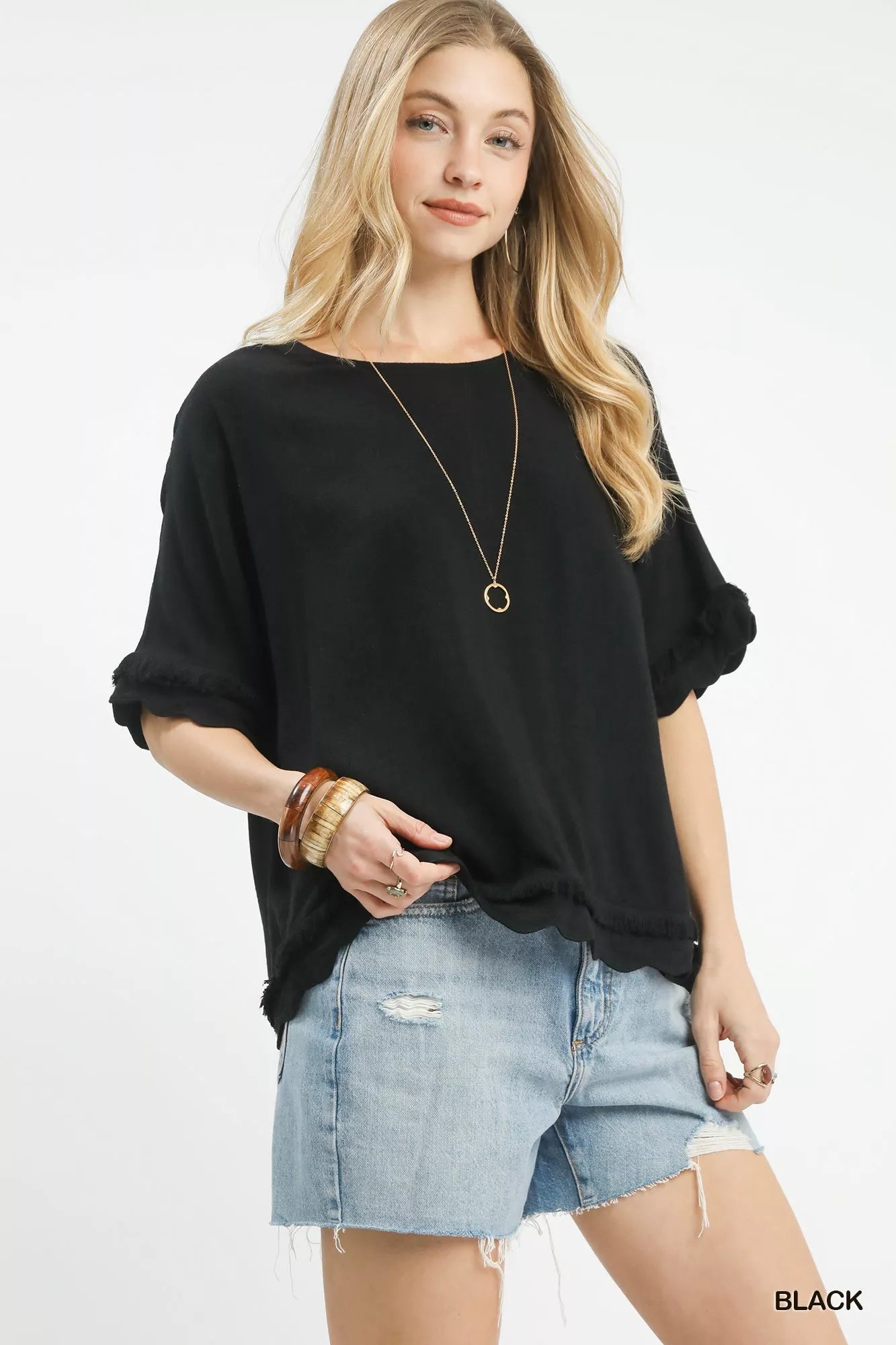 Umgee Linen Frayed Hem Scallop Edge Top Casual Chic - NeoKira Unlimited