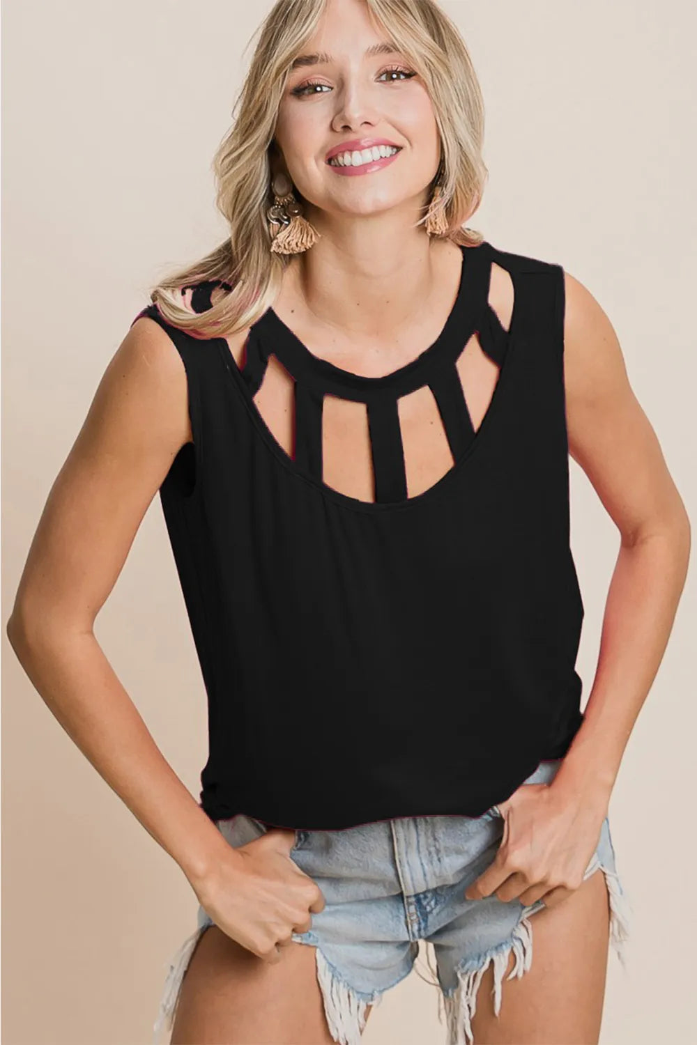 BiBi Cutout Round Neck Sleeveless Top – Chic Black Tank Blouse - NeoKira Unlimited