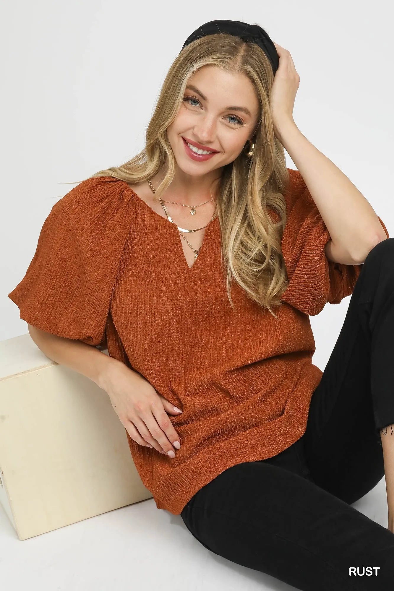 Umgee Textured Flutter Sleeve Notch Neck Top in Rust Orange - NeoKira Unlimited