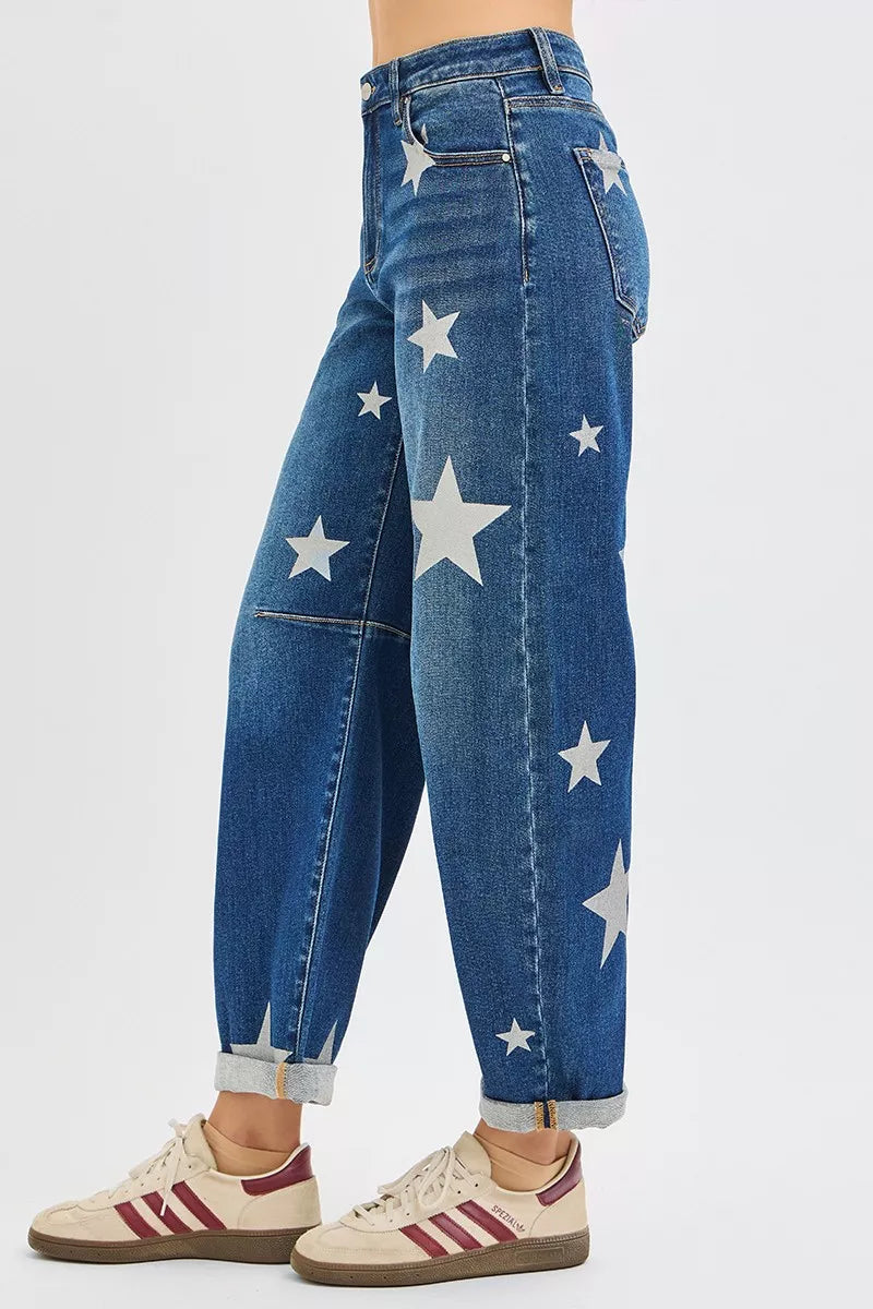 RISEN Mid Rise Ankle Length Relaxed Barrel Star Printed Jeans - NeoKira Unlimited
