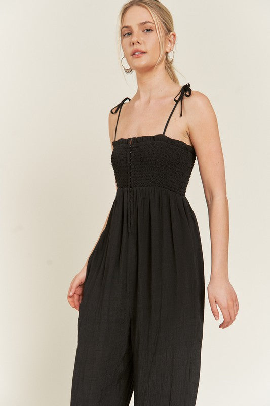 Jade By Jane Smocked Tie Strap Jumpsuit - NeoKira Unlimited