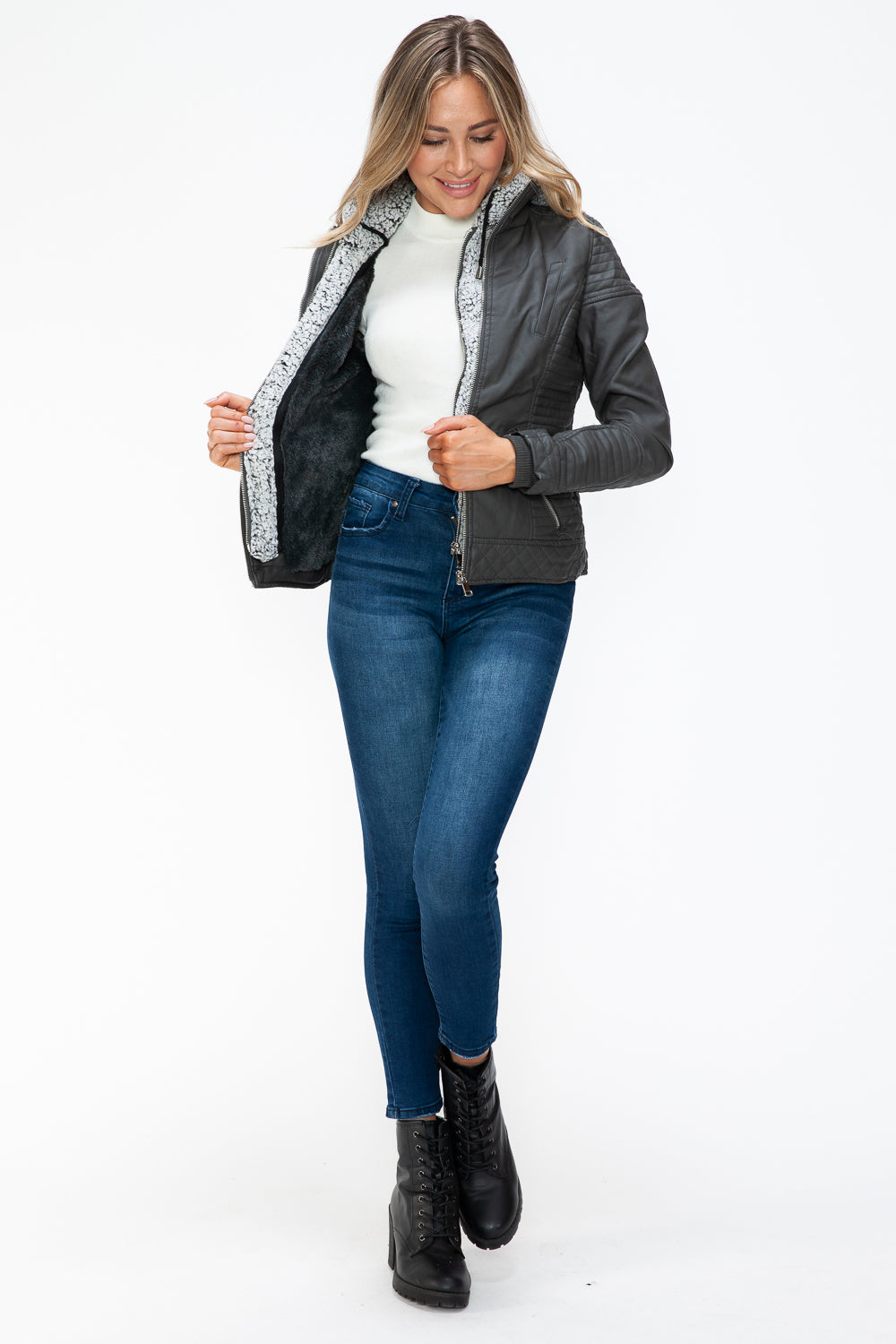 YMI Faux Layered Double-Zipper Jacket with Fuzzy Hood - NeoKira Unlimited