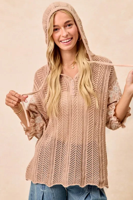 BiBi Puff Sleeve Hooded Knit Top With Jacquard Floral Lace – Light Taupe - NeoKira Unlimited