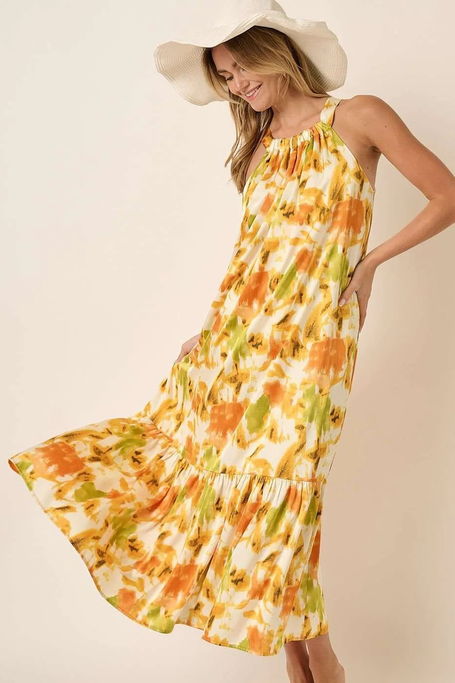 Mittoshop Watercolor Print Halter Neck Satin Maxi Dress - NeoKira Unlimited