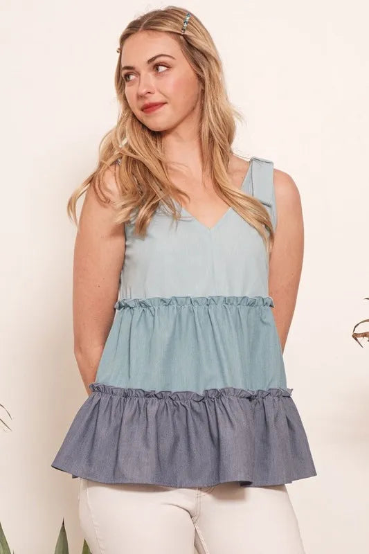 Lime 'N' Chili Full Size Color Block V-Neck Baby Doll Sleeveless Top Plus Size - NeoKira Unlimited