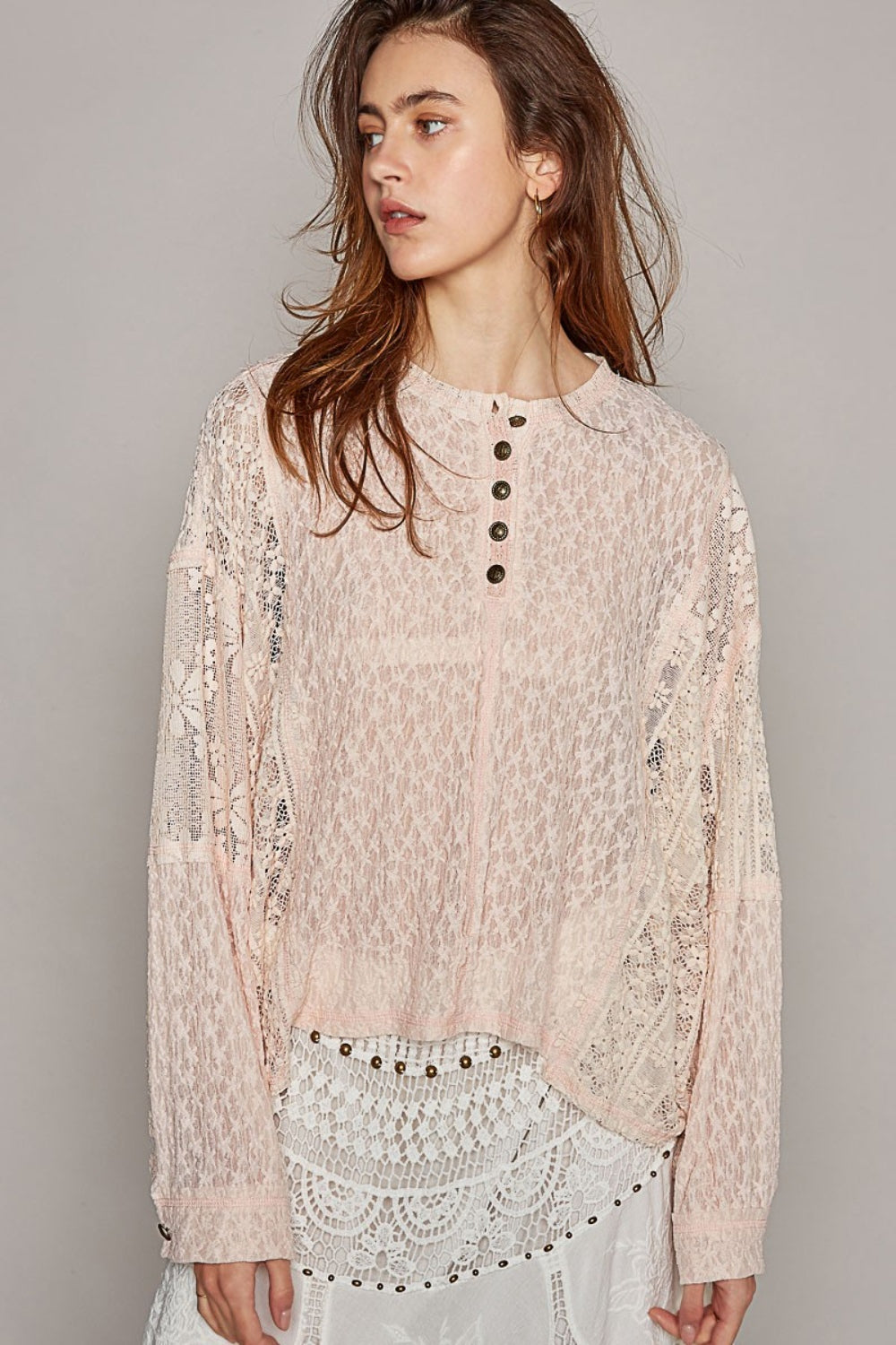 POL Round Neck Long Sleeve Raw Edge Lace Top Top Trendsi   