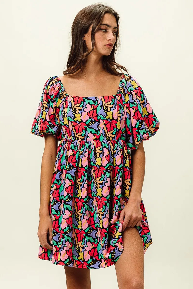 BiBi Tropical Boho Floral Print Puff Sleeve Square Neck Dress - NeoKira Unlimited