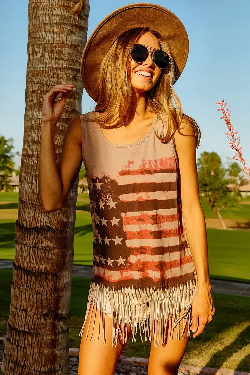 BiBi Distressed Flag Fringe Tank Top – Boho Americana Vibes - NeoKira Unlimited