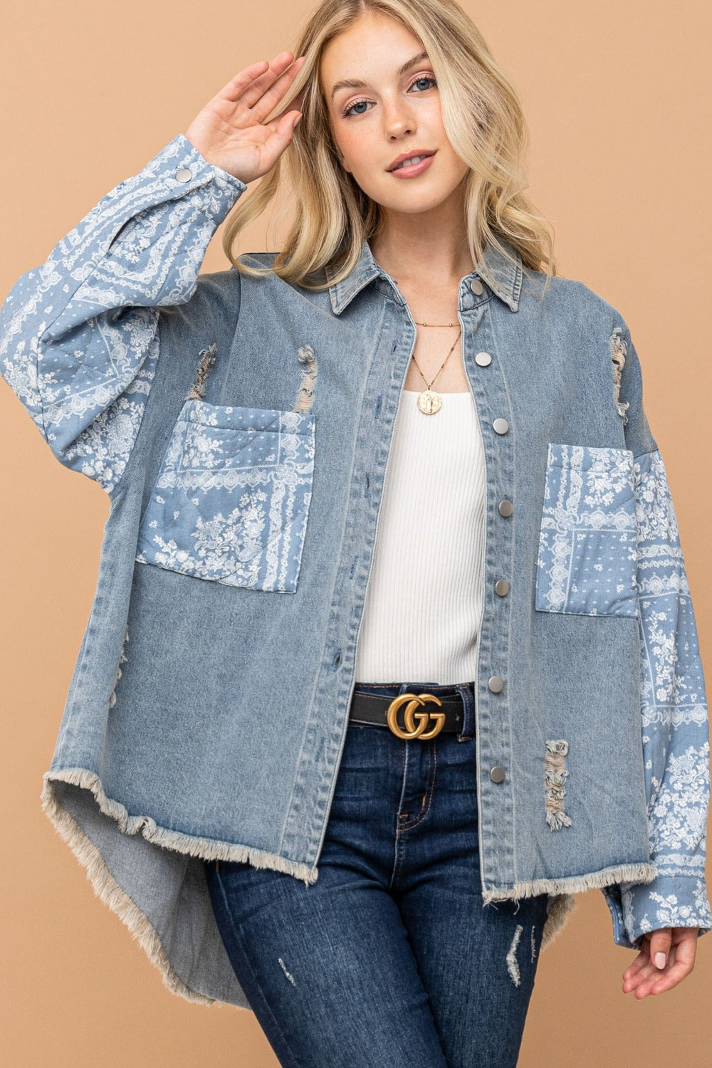 And The Why Full Size Paisley Print Quilted Sleeves Denim Jacket - NeoKira Unlimited