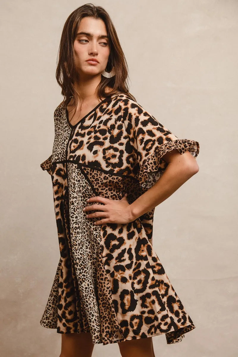 BiBi Leopard Print Mini Dress – V-Neck Flutter Sleeve Belted Fit - NeoKira Unlimited