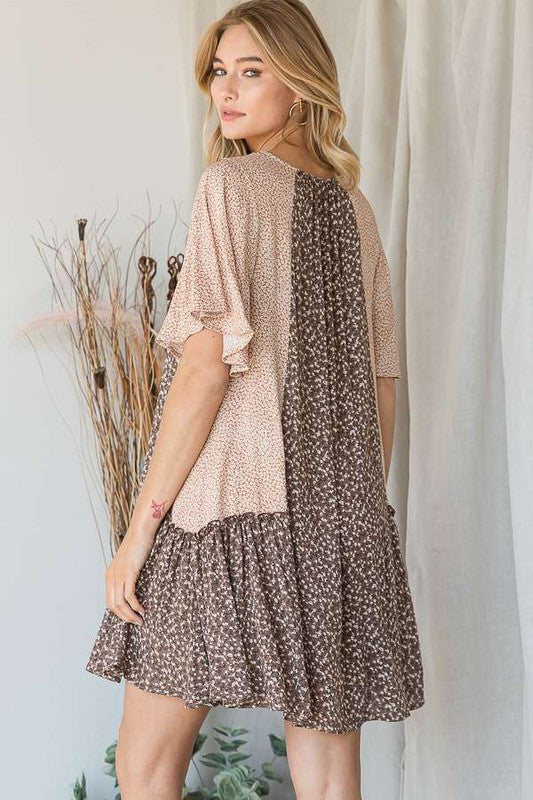 Jade By Jane Boho Chic Relaxed Fit Color Block Floral Print V-Neck Ruffle Dress Plus Size - NeoKira Unlimited