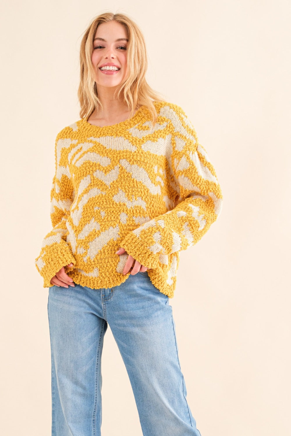 And The Why Full Size Textured Pattern Contrast Sweater - NeoKira Unlimited