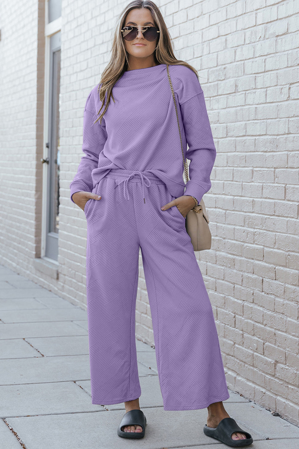 Double Take Full Size Textured Long Sleeve Top and Drawstring Pants Set Pants Set Trendsi Lavender XL 