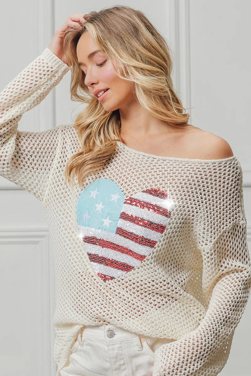 BiBi Sequin American Flag Heart Knit Up - NeoKira Unlimited